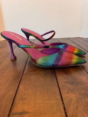 Marc Fisher Rainbow Heels Sz 11 Pointed Toe Pumps Ankle Strap Sparkle Pride Drag